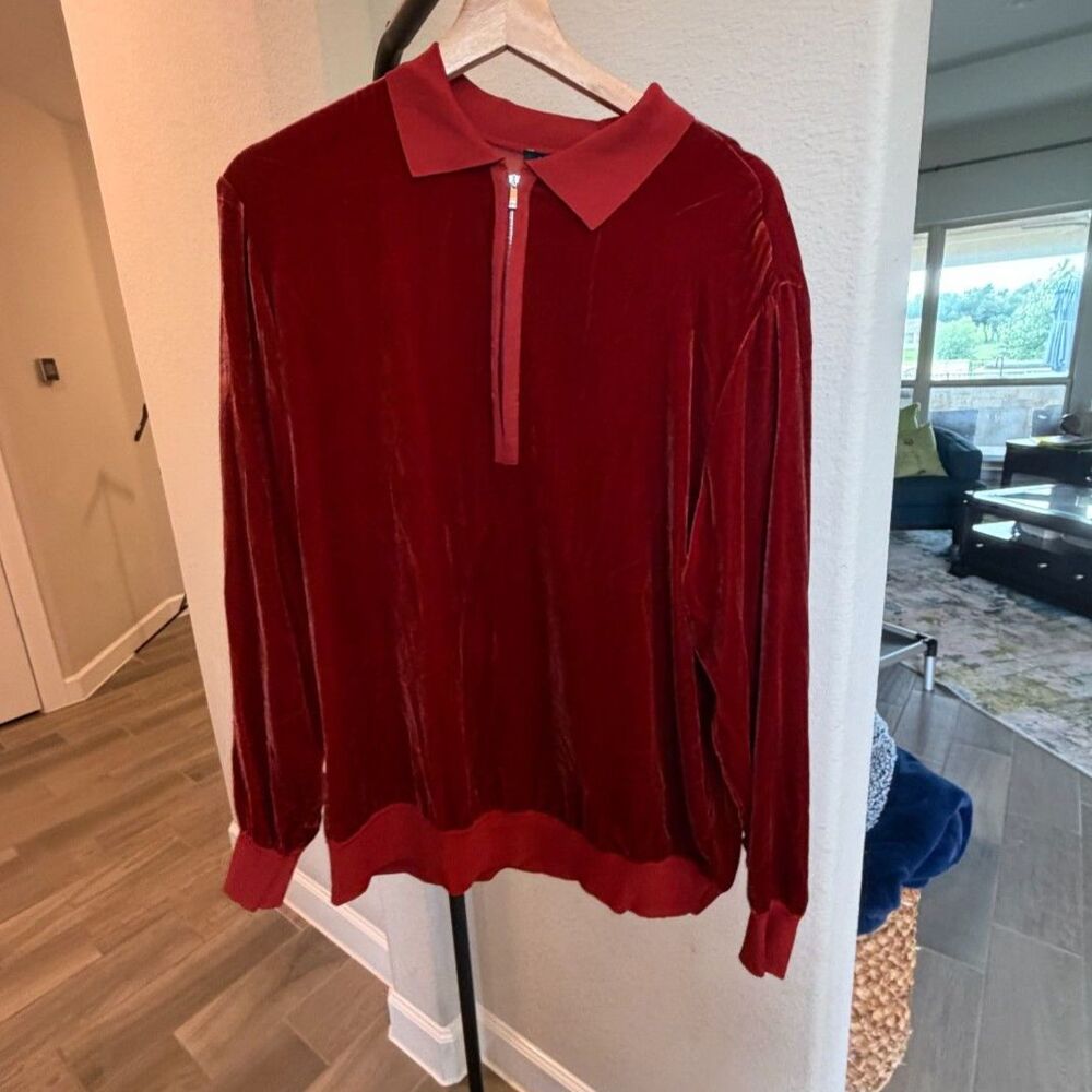 NWT Lafayette 148 Red Velvet Quarter Zip Collared Top $448 Size L